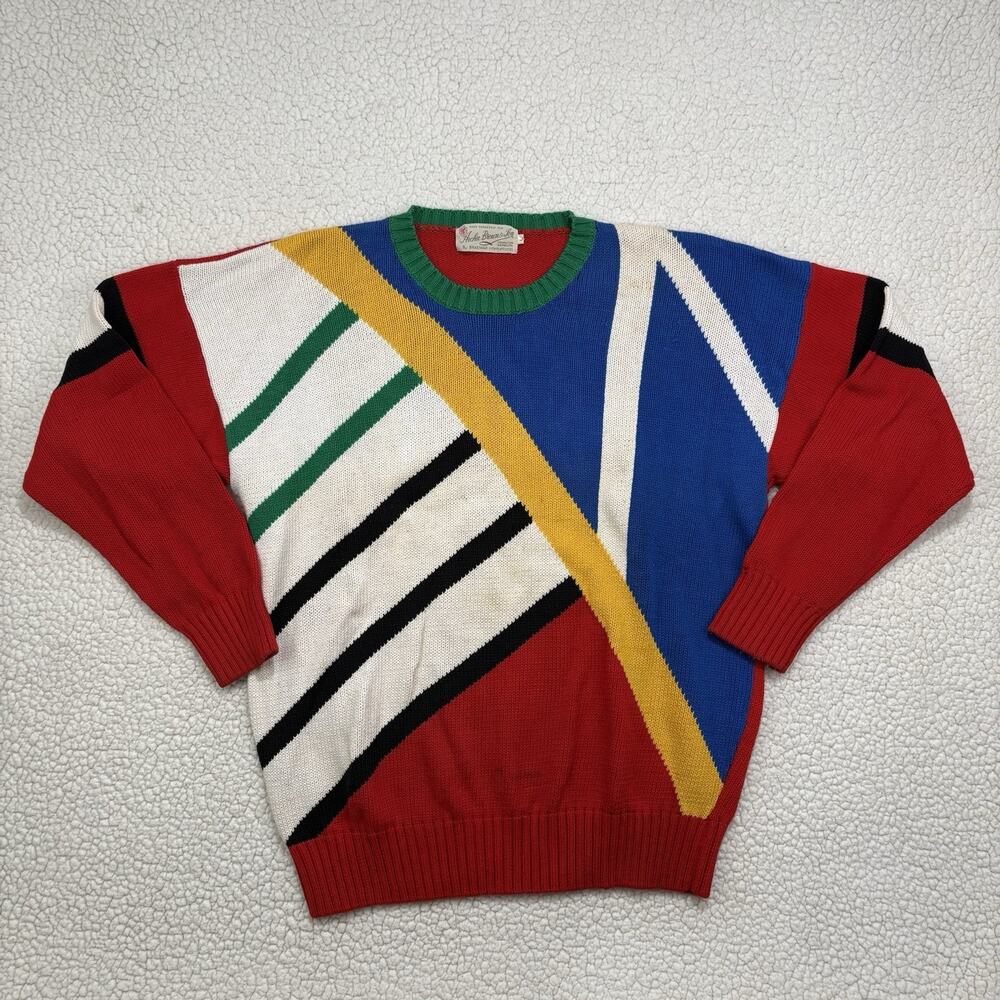 Vintage 80s Bold Sweater Jumper Size L Colorful Abstract Geometric Knit Acrylic